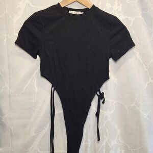 Adika High Waist Cutout Bodysuit Black Women's S Crew Neck Short Sleeve Side Tie